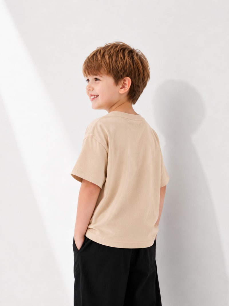 PockMAN Boys Oversized Solid Cotton Terry Classic Desert Sand Tshirt - Image 3