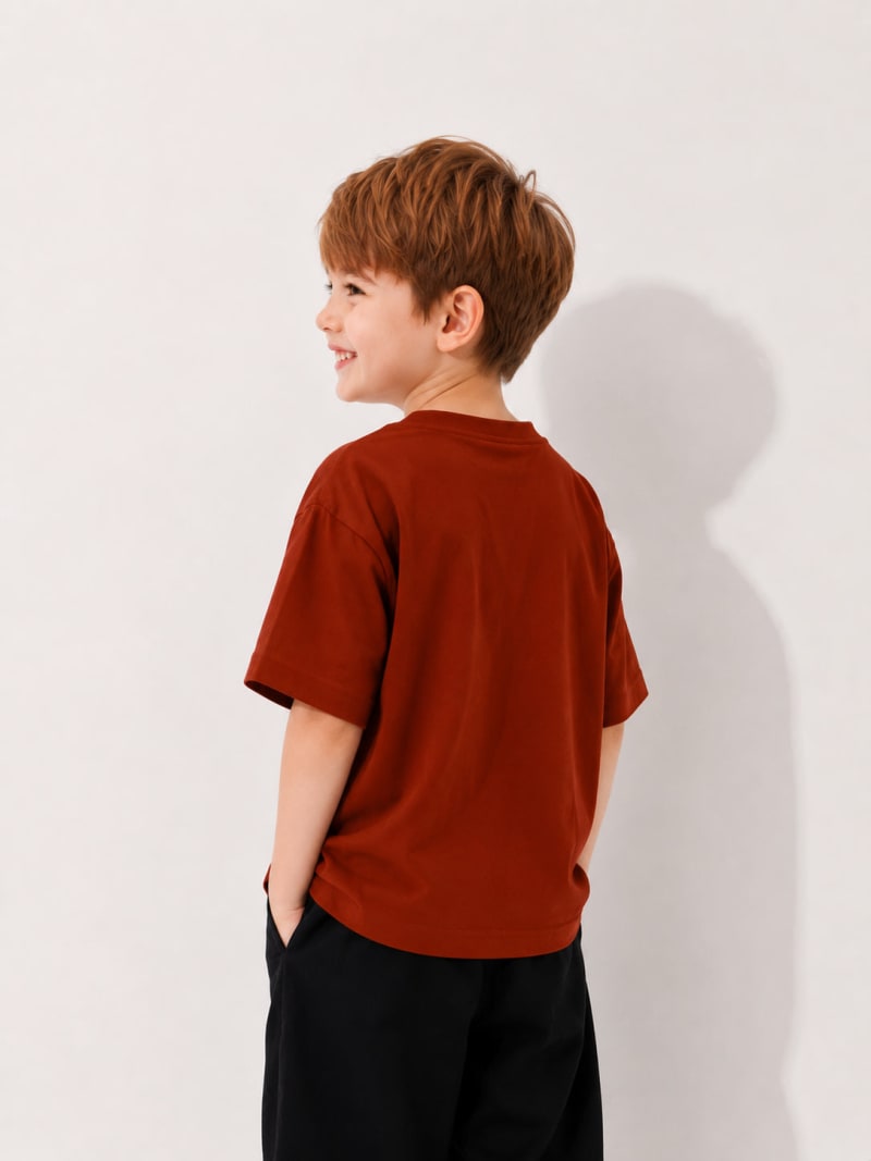 PockMAN Boys Oversized Solid Cotton Terry Classic Rust Red Tshirt - Image 3
