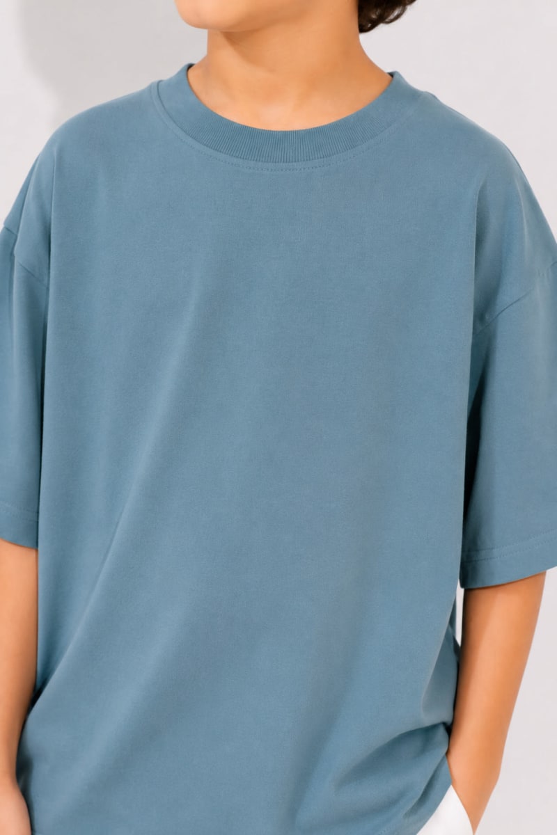 PockMAN Boys Oversized Solid Cotton Terry Classic Moonstone Blue Tshirt - Image 3