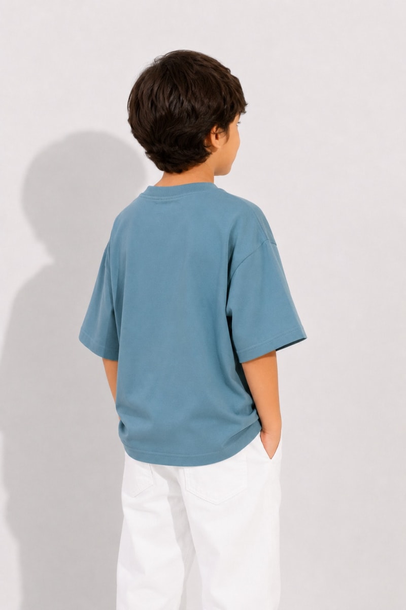 PockMAN Boys Oversized Solid Cotton Terry Classic Moonstone Blue Tshirt - Image 4