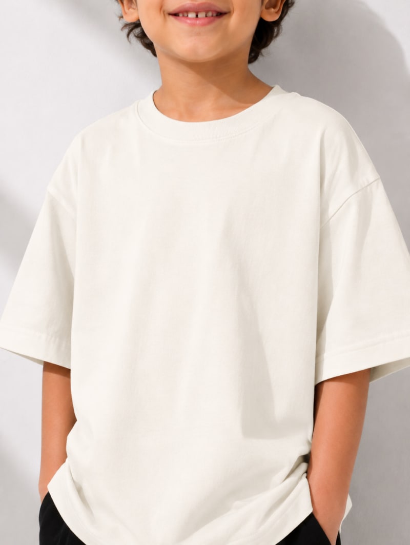 PockMAN Boys Oversized Solid Cotton Terry Classic Off White Tshirt - Image 4