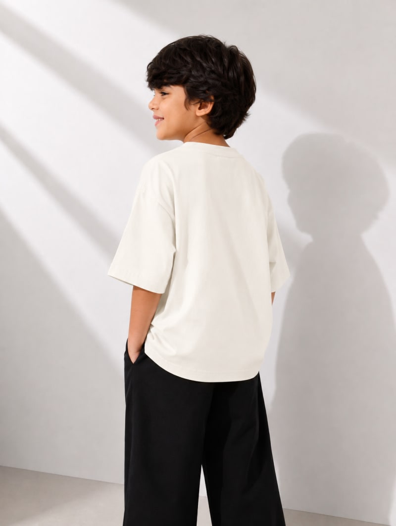 PockMAN Boys Oversized Solid Cotton Terry Classic Off White Tshirt - Image 3