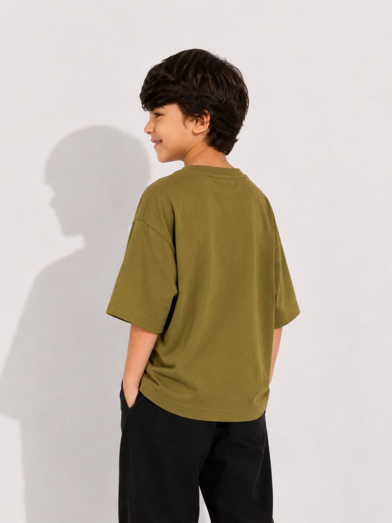 PockMAN Boys Oversized Solid Cotton Terry Classic Olive Tshirt - Image 3