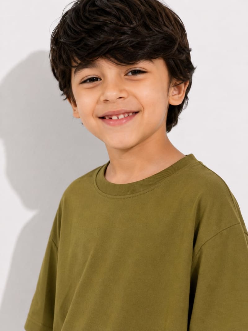PockMAN Boys Oversized Solid Cotton Terry Classic Olive Tshirt - Image 4