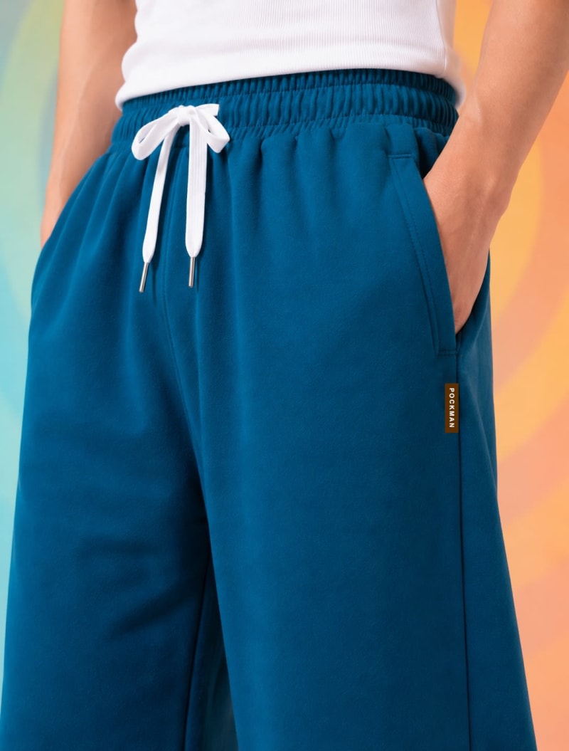 Pockman Men Relaxed Fit Solid Cotton Terry Teal Jogger - Image 4