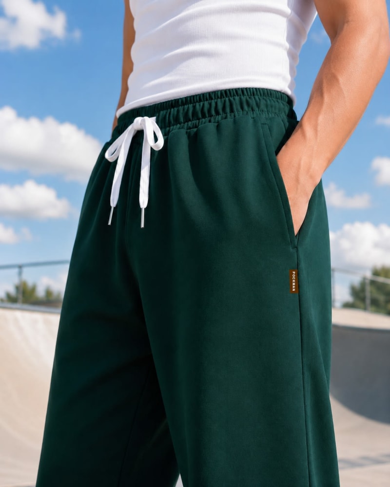 Pockman Men Relaxed Fit Solid Cotton Terry Bottle Green Jogger - Image 4