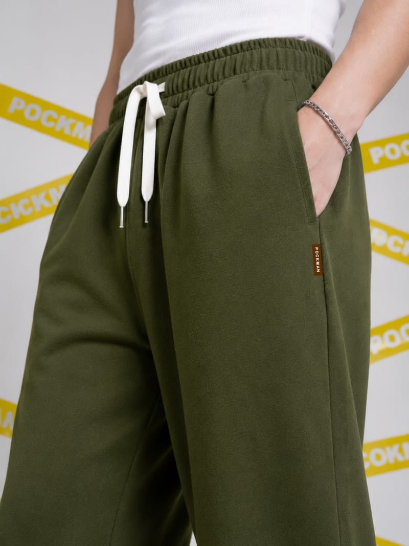 Pockman Men Relaxed Fit Solid Cotton Terry Olive Jogger - Image 3