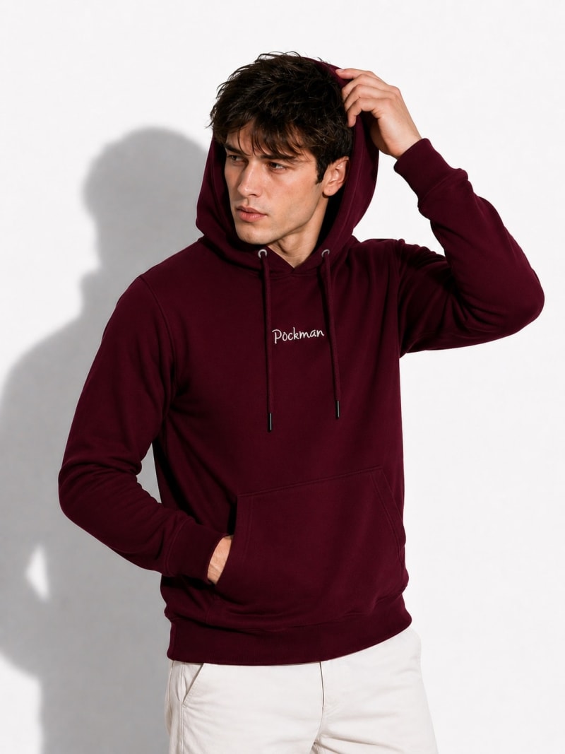 Pockman Men Regular Fit Cotton Burgundy Hoodie - Image 3