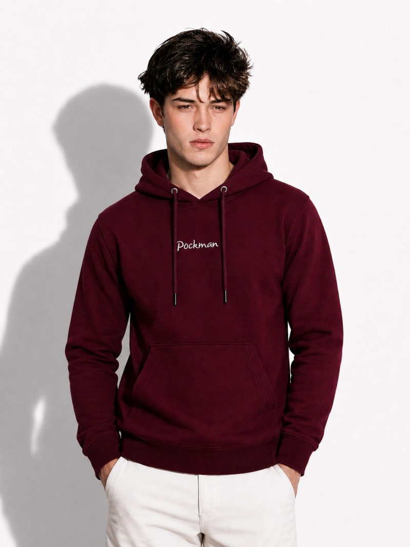 Pockman Men Regular Fit Cotton Burgundy Hoodie - Image 4