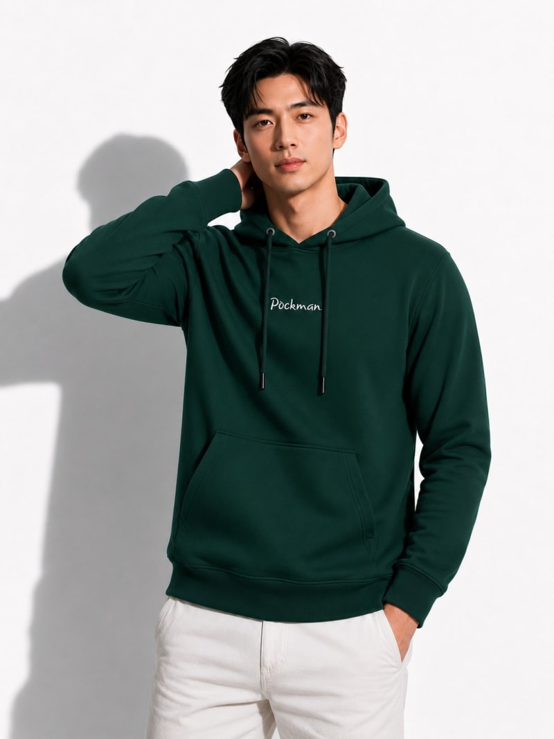 Pockman Men Regular Fit Cotton Bottle Green Hoodie - Image 3
