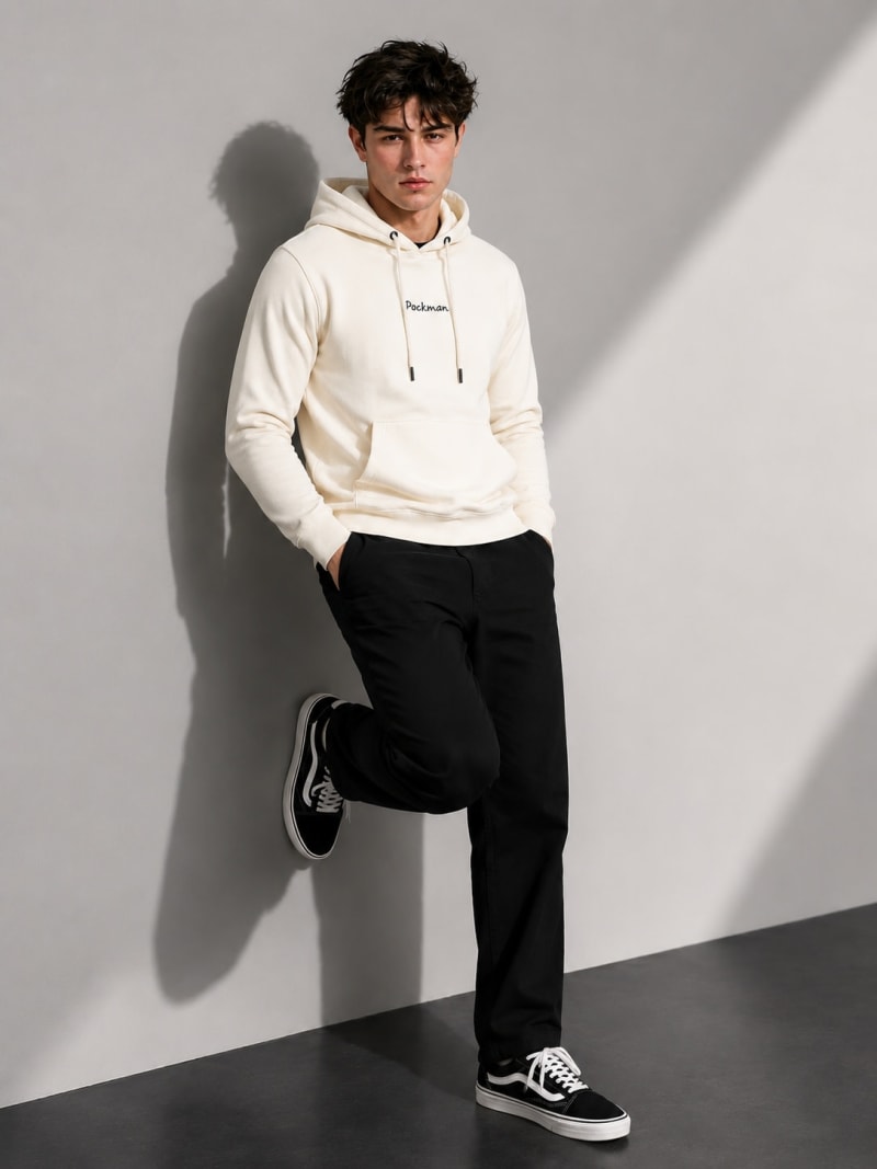 Pockman Men Regular Fit Cotton Off White Hoodie - Image 3