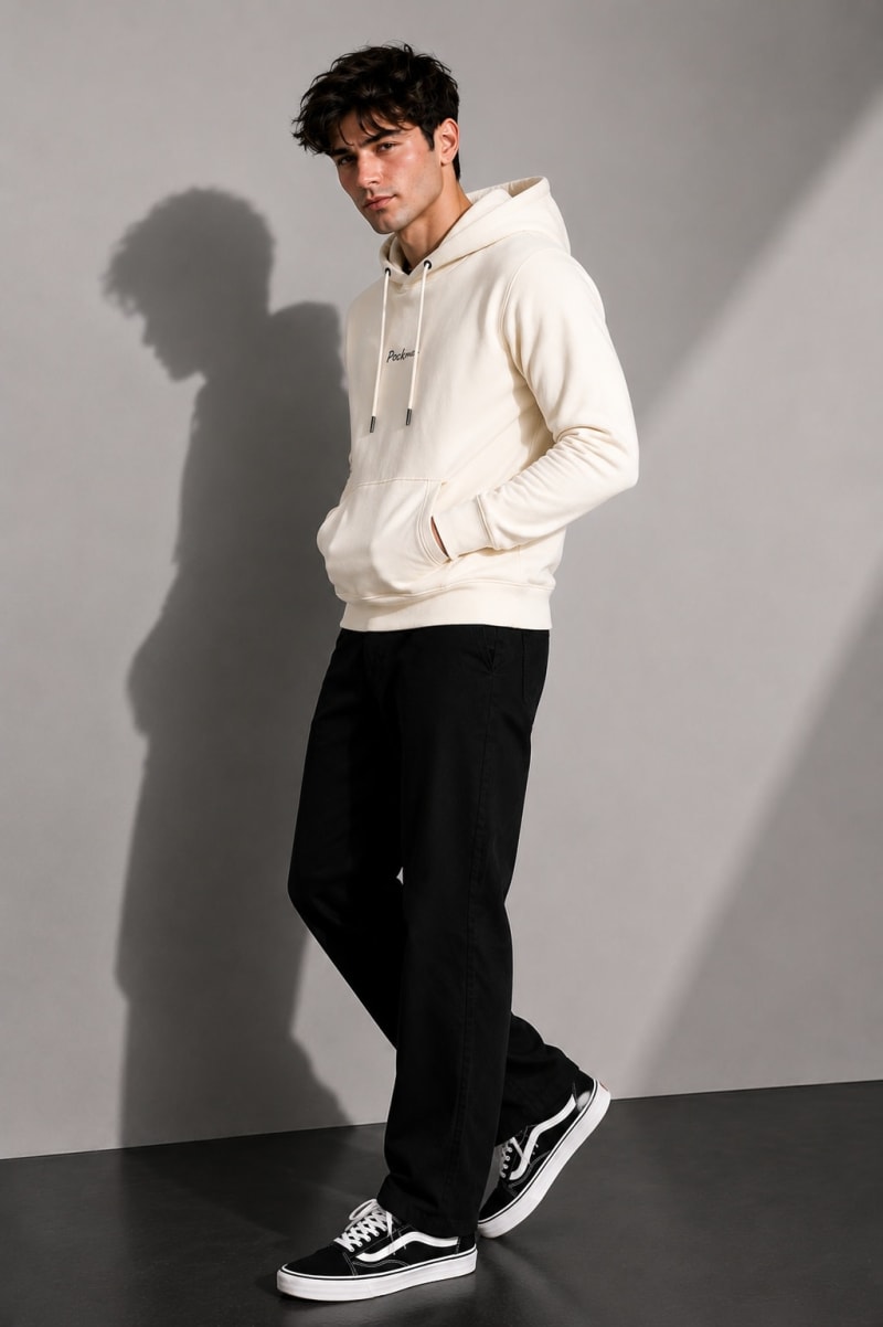 Pockman Men Regular Fit Cotton Off White Hoodie - Image 4
