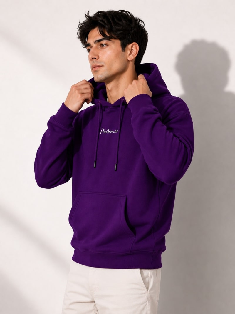 Pockman Men Regular Fit Cotton Violet Hoodie - Image 3