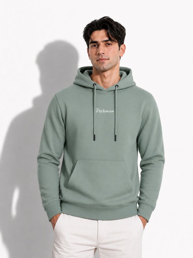 Pockman Men Regular Fit Cotton Sage Green Hoodie - Image 3