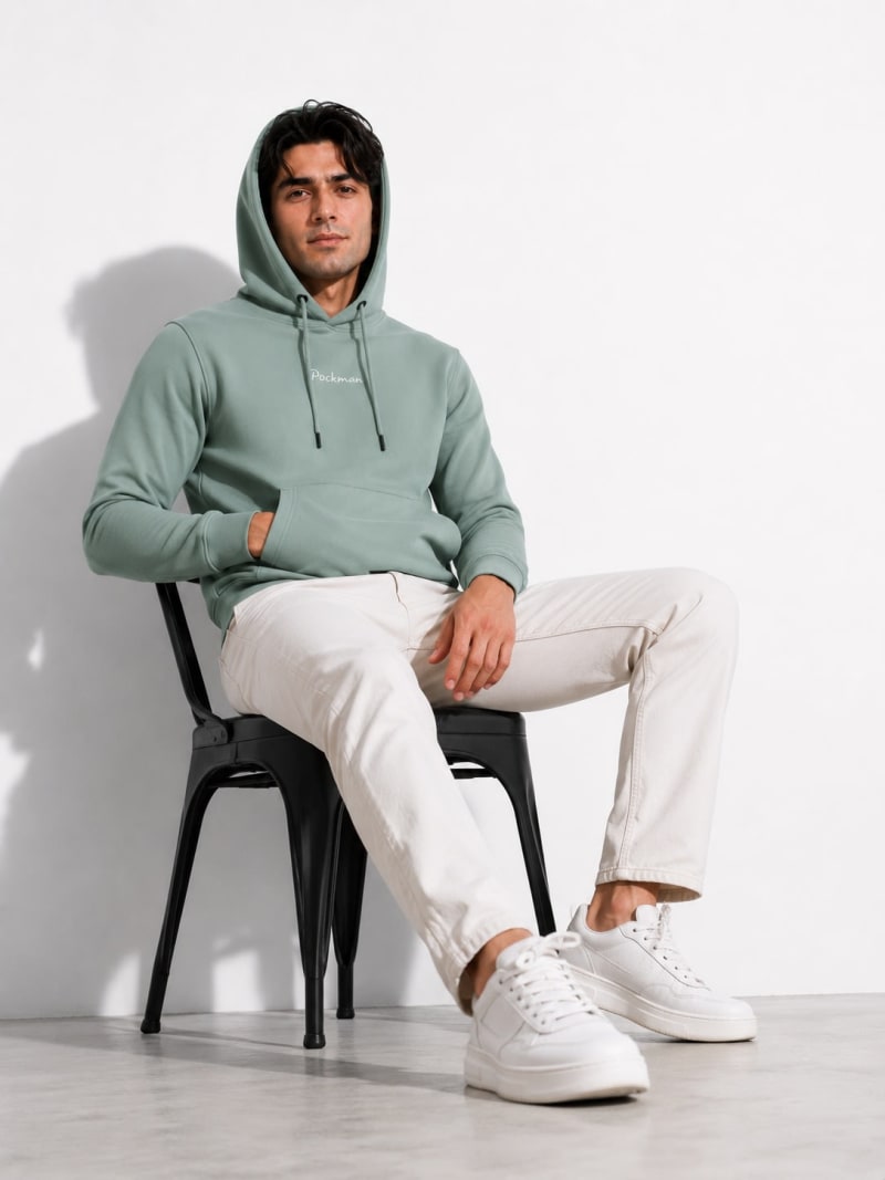 Pockman Men Regular Fit Cotton Sage Green Hoodie