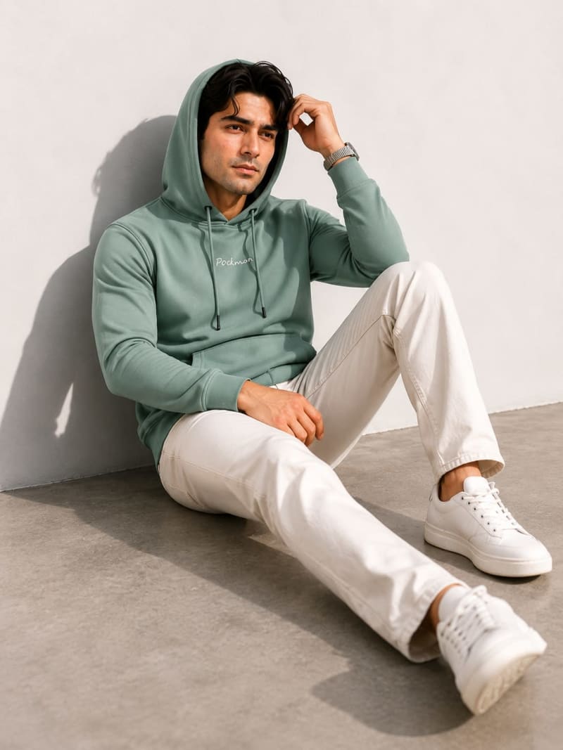 Pockman Men Regular Fit Cotton Sage Green Hoodie - Image 4
