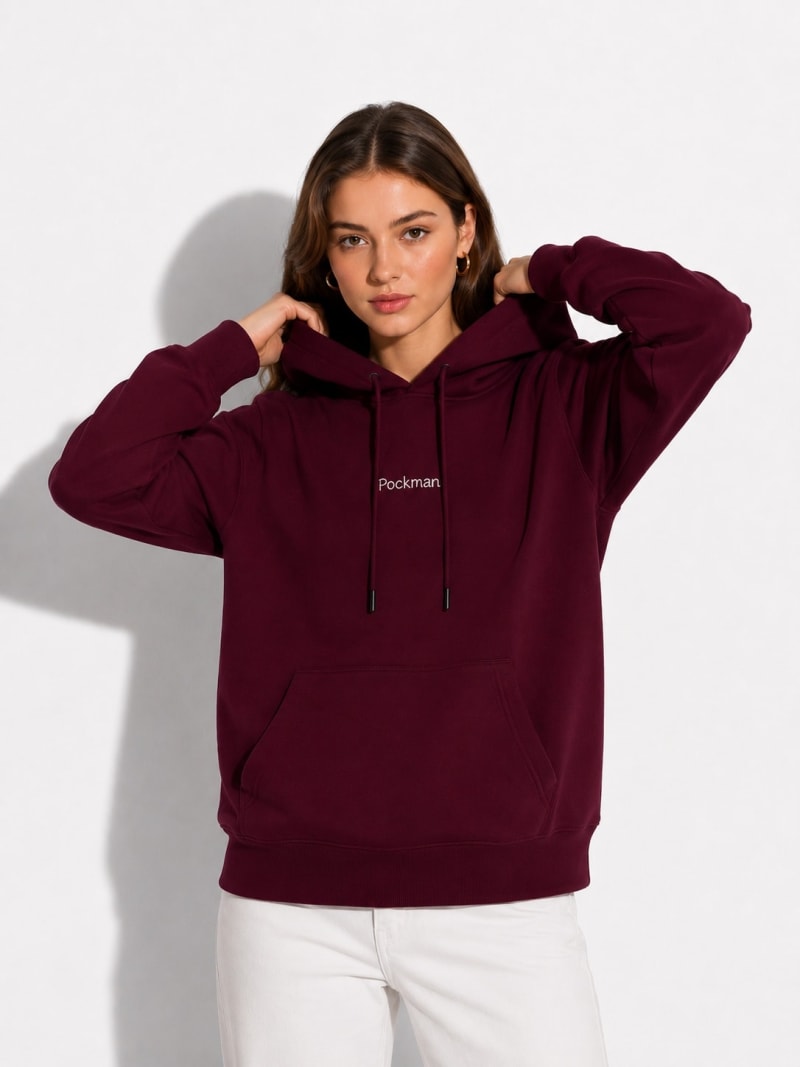 Pockman Women Regular Fit Cotton Burgundy Hoodie - Image 3