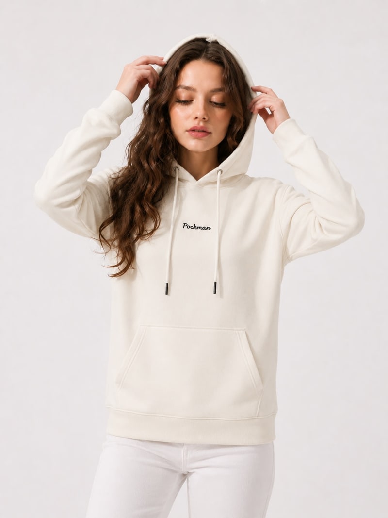 Pockman Women Regular Fit Cotton Off White Hoodie - Image 4