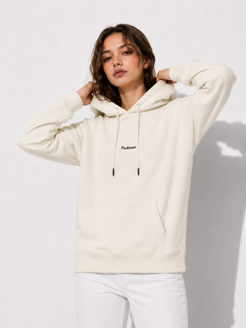 Pockman Women Regular Fit Cotton Off White Hoodie - Image 3