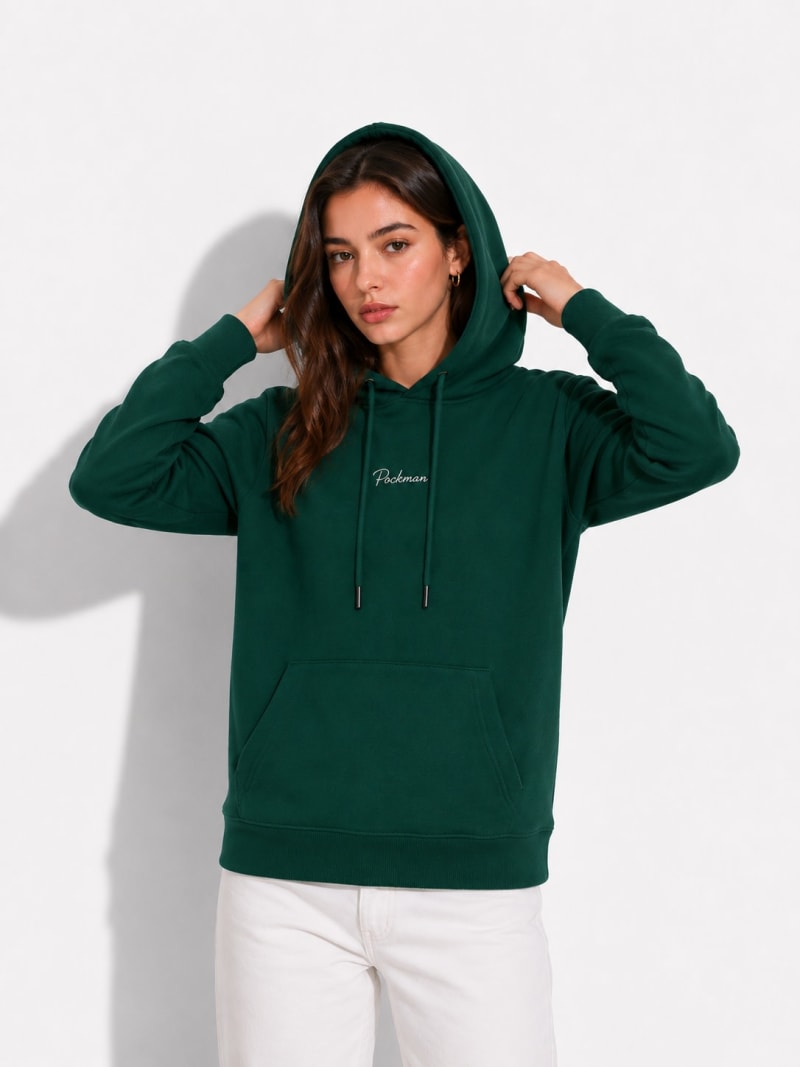 Pockman Women Regular Fit Cotton Bottle Green Hoodie - Image 3