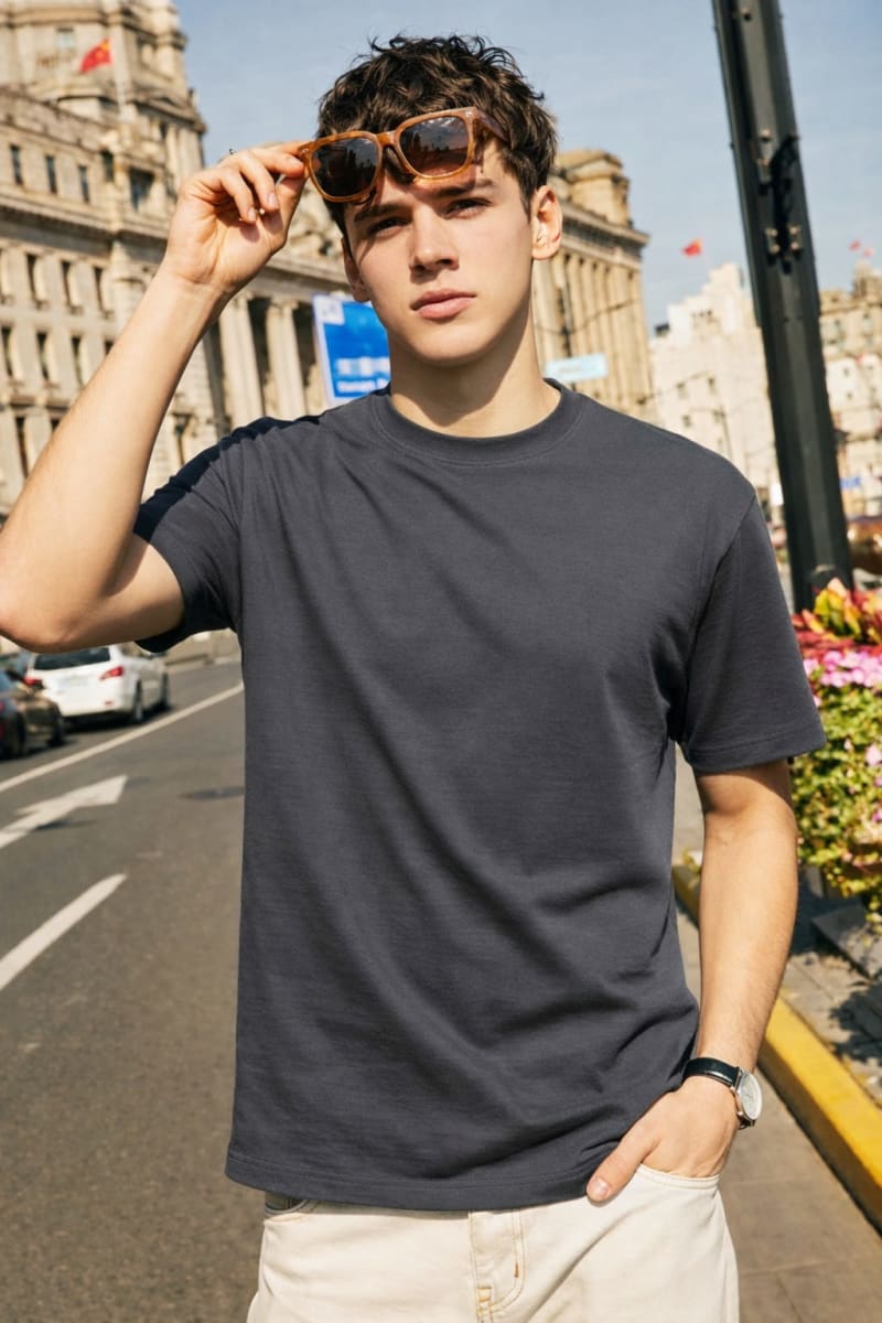 PockMAN Relaxed Fit Cotton Classic Round Neck Grey Tshirt - Image 3