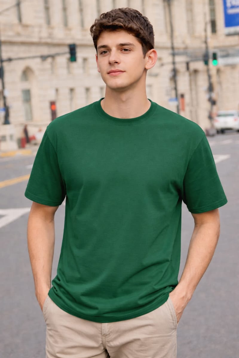 PockMAN Relaxed Fit Cotton Classic Round Neck Green Tshirt - Image 3