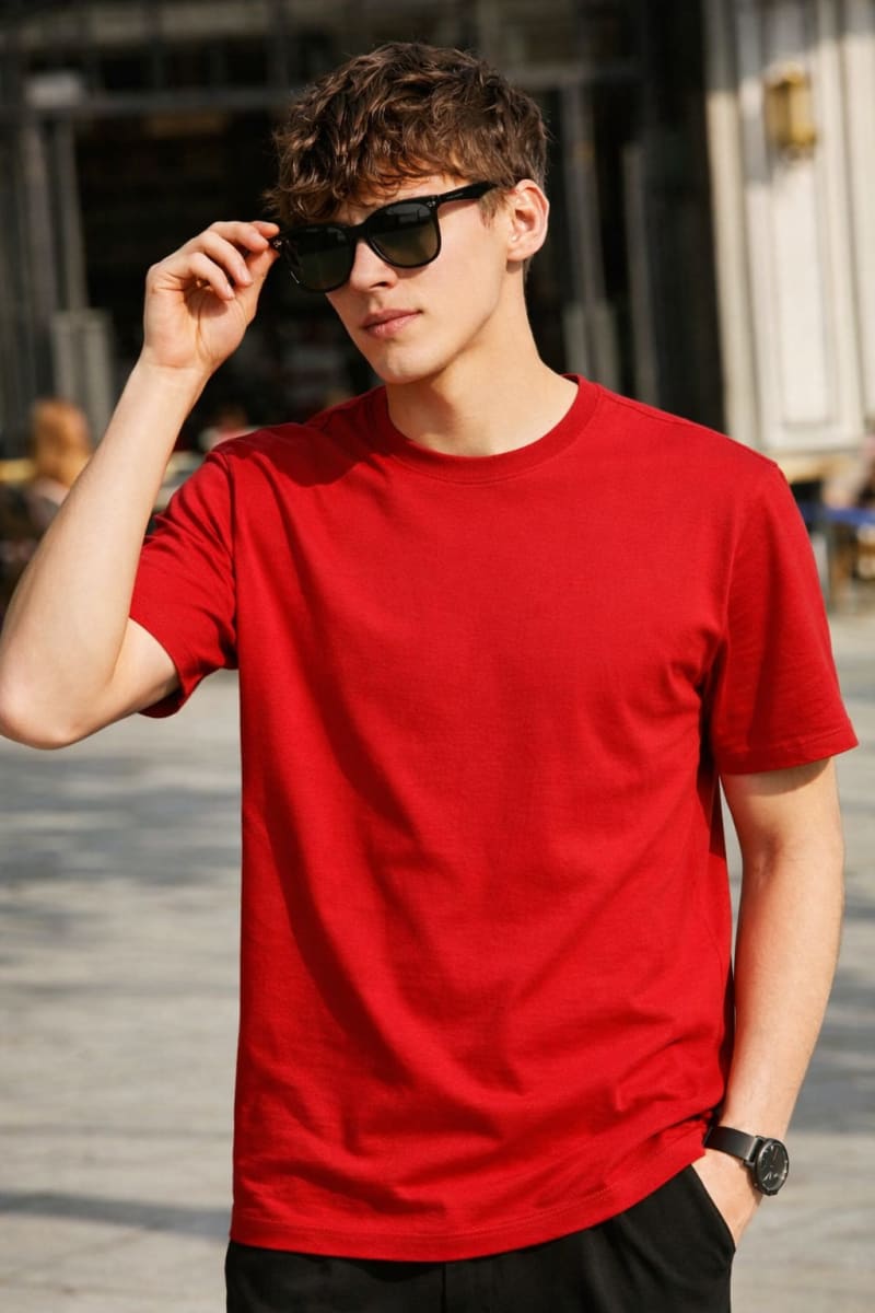 PockMAN Relaxed Fit Cotton Classic Round Neck Red Tshirt - Image 3