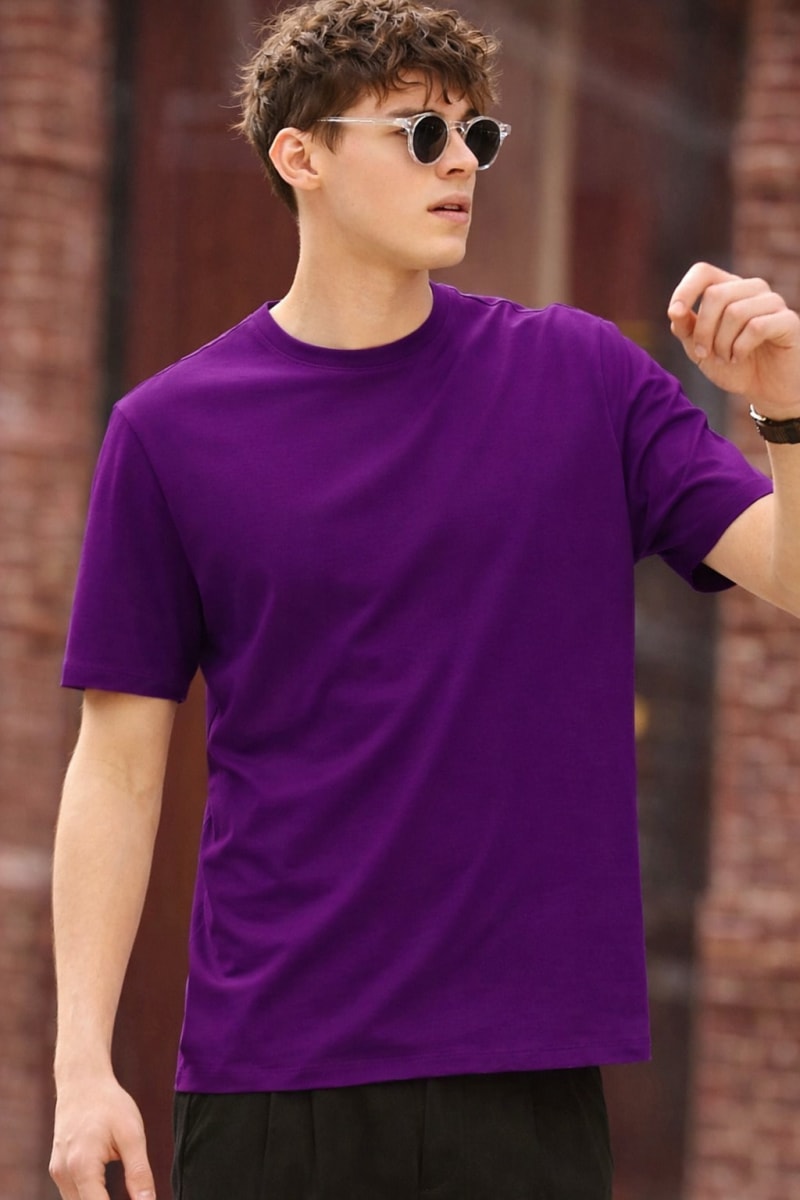 PockMAN Relaxed Fit Cotton Classic Round Neck Voilet Tshirt - Image 3