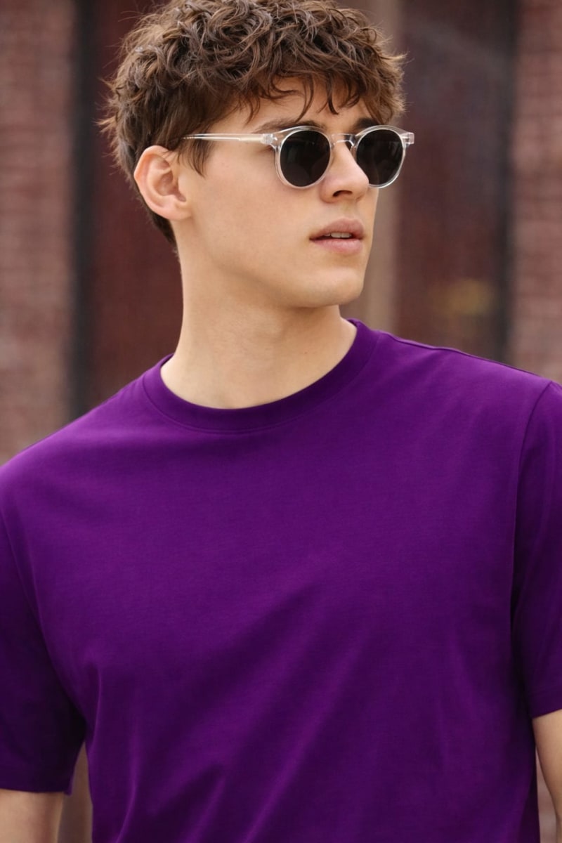 PockMAN Relaxed Fit Cotton Classic Round Neck Voilet Tshirt - Image 5
