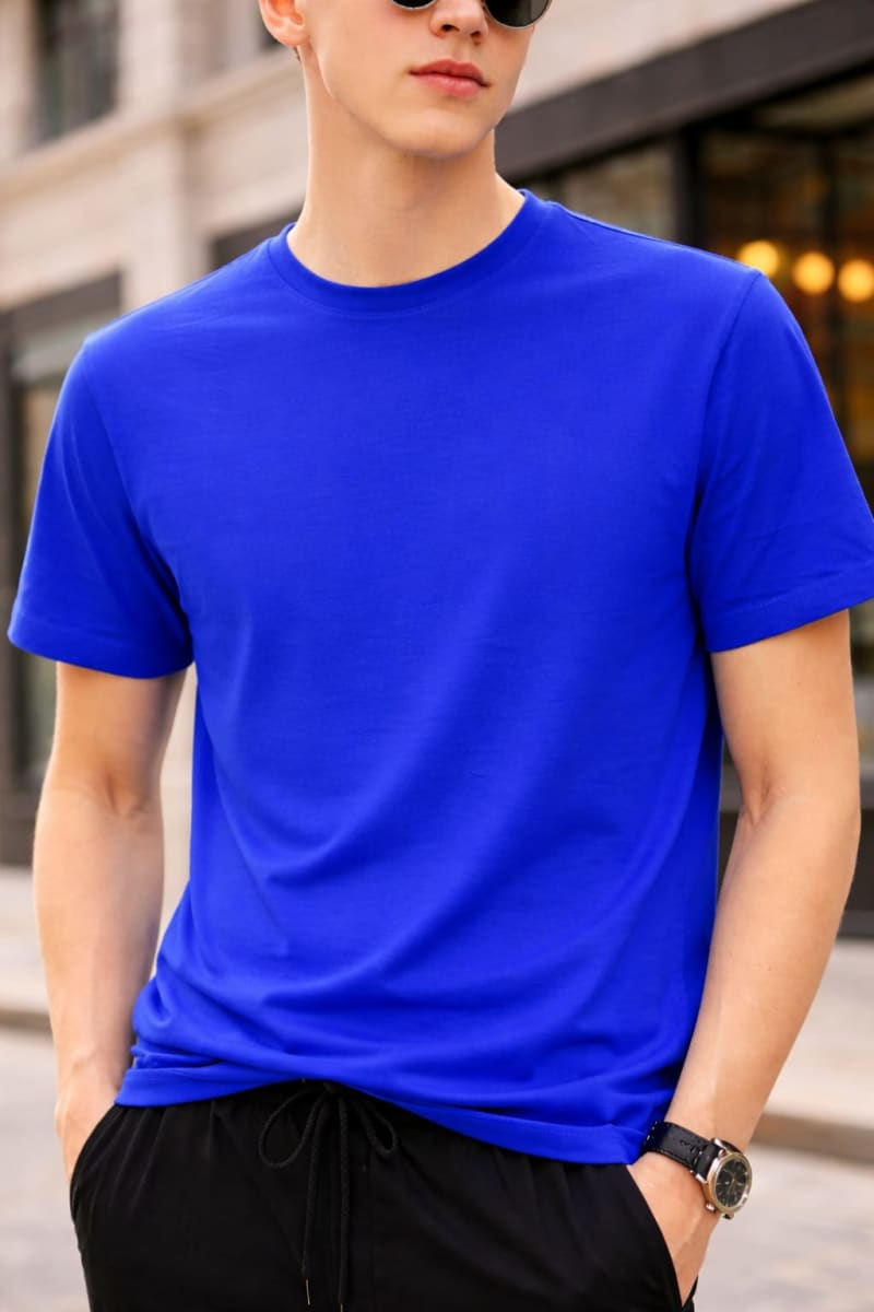 PockMAN Relaxed Fit Cotton Classic Round Neck Royal Blue Tshirt - Image 5