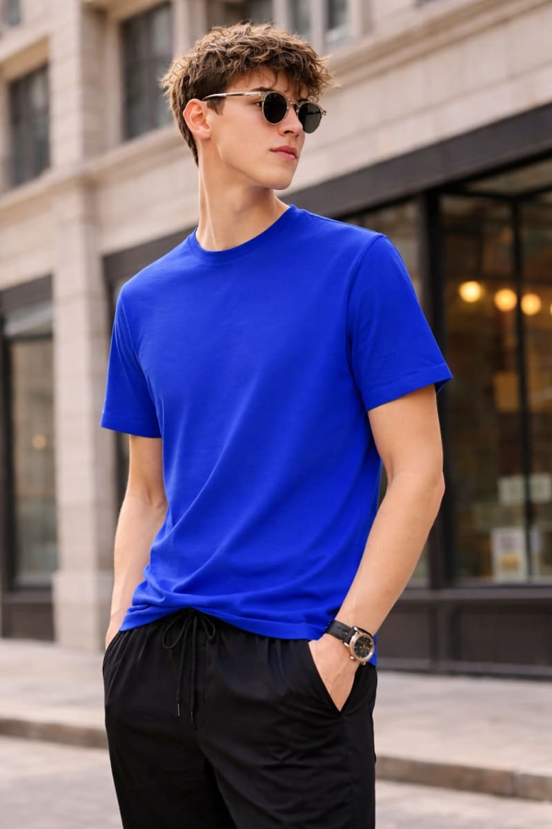 PockMAN Relaxed Fit Cotton Classic Round Neck Royal Blue Tshirt - Image 3