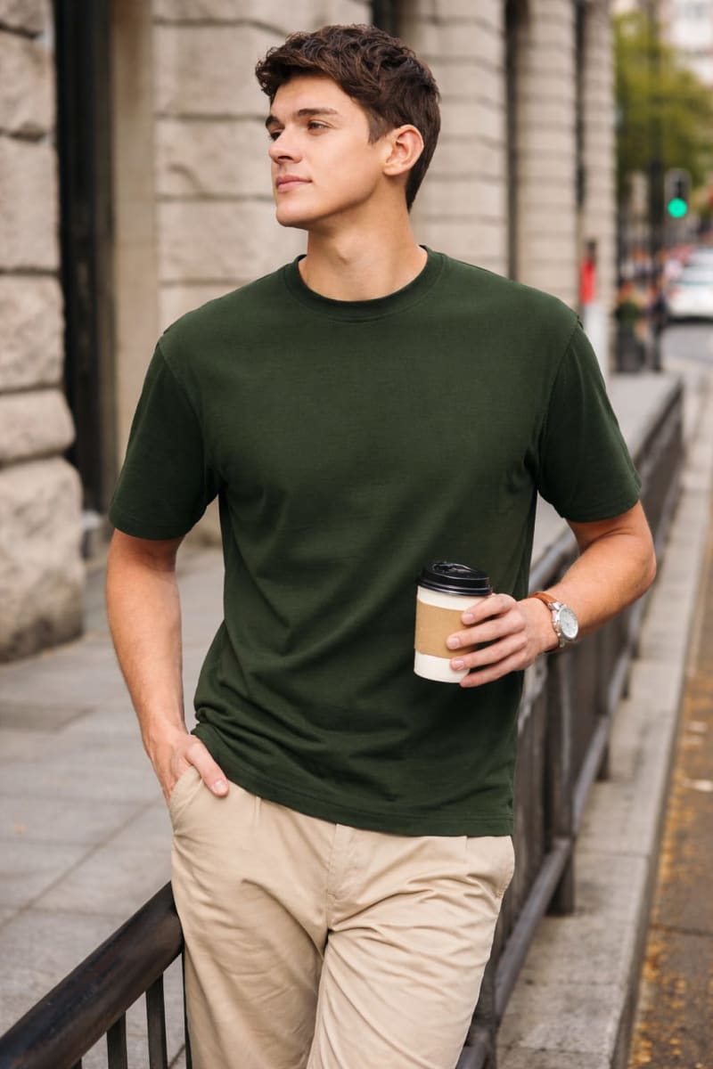 PockMAN Relaxed Fit Cotton Classic Round Neck Olive Tshirt - Image 3