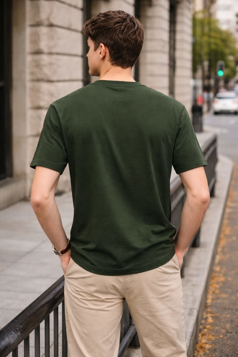 PockMAN Relaxed Fit Cotton Classic Round Neck Olive Tshirt - Image 4