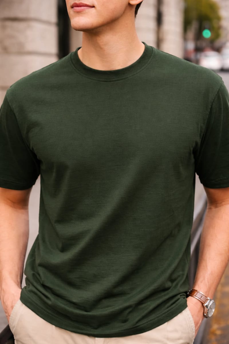PockMAN Relaxed Fit Cotton Classic Round Neck Olive Tshirt - Image 5