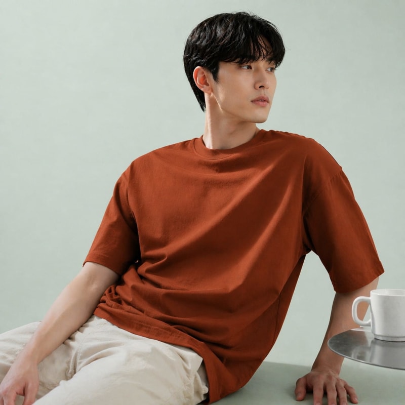 PockMAN Oversized Fit Cotton Classic Round Neck Rust Tshirt - Image 3