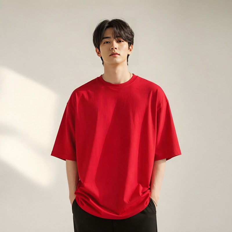 PockMAN Oversized Fit Cotton Classic Round Neck Red Tshirt - Image 3