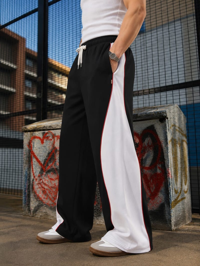 PockMAN Men Black & White Curve Pipping Wide Leg Comfort Joggers - Image 4
