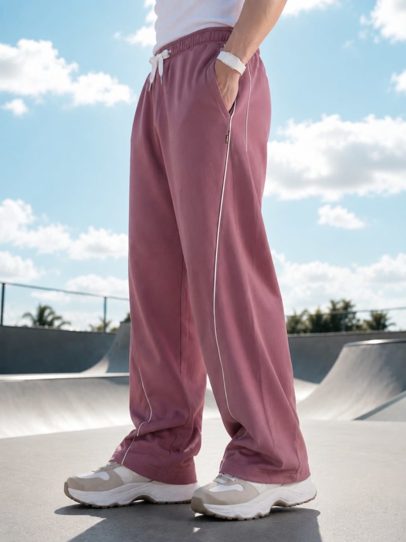 PockMAN Men Mauve Curve Pipping Wide Leg Comfort Joggers - Image 5