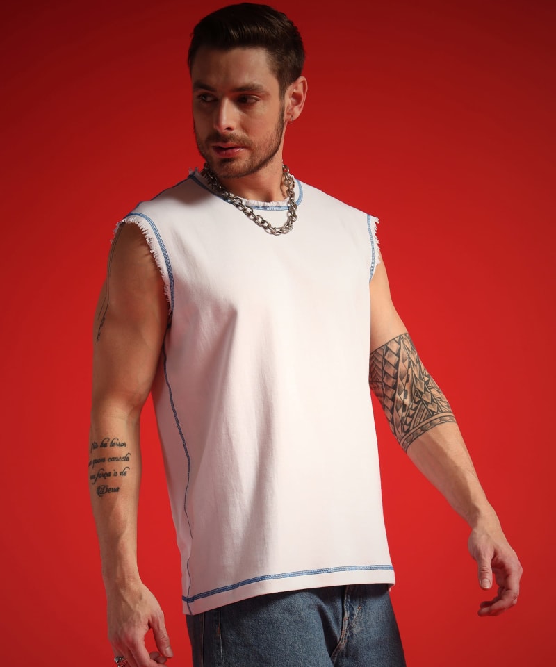PockMAN Men Cotton Terry Contrast Thread Stitch Tank - Image 3