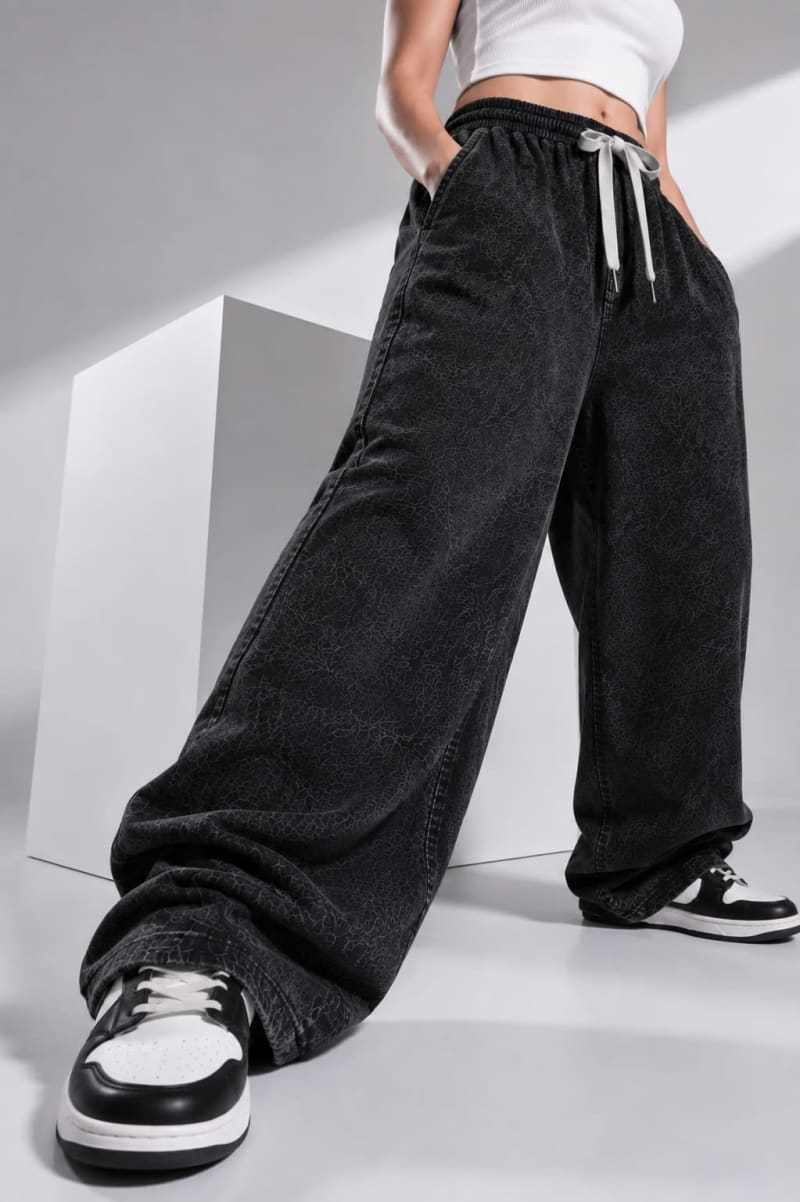 Pockman Urban Women Acid Wash Black Wide-Leg Joggers - Image 5
