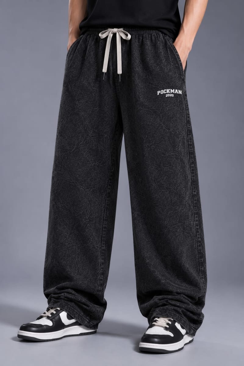 Pockman Urban Men Acid Wash Black Wide-Leg Joggers - Image 3