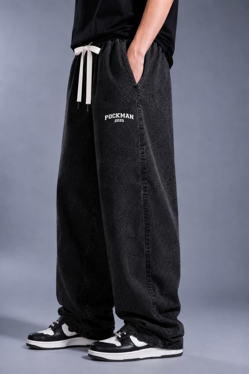 Pockman Urban Men Acid Wash Black Wide-Leg Joggers - Image 4