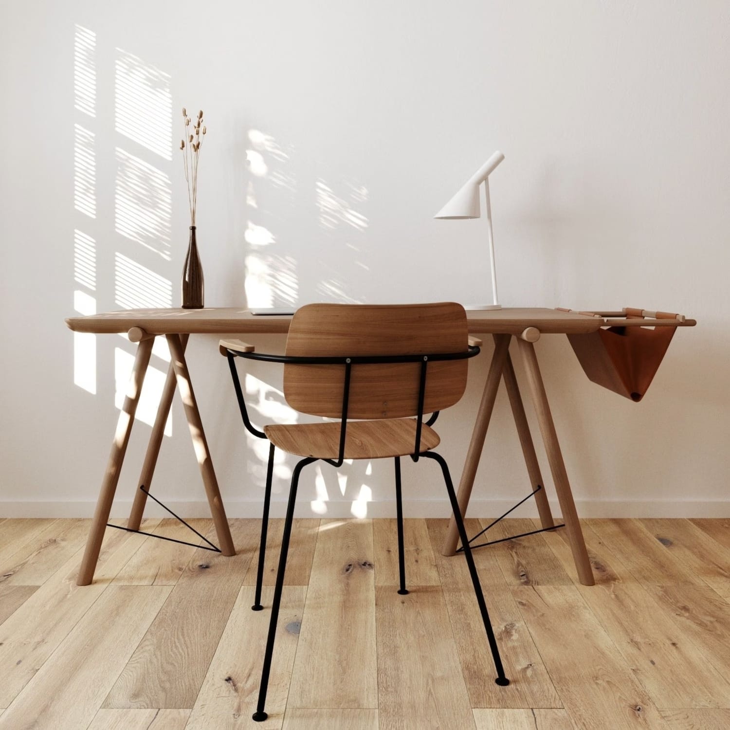 A desk with a chair and a lamp