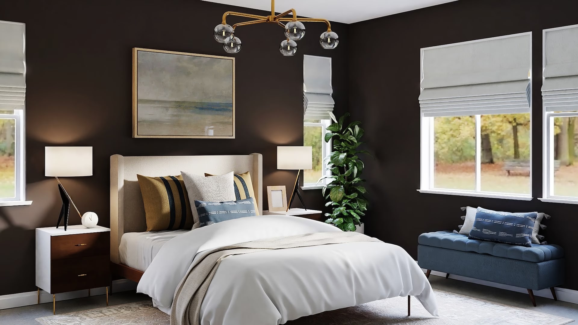 A bedroom with brown walls and a white bed
