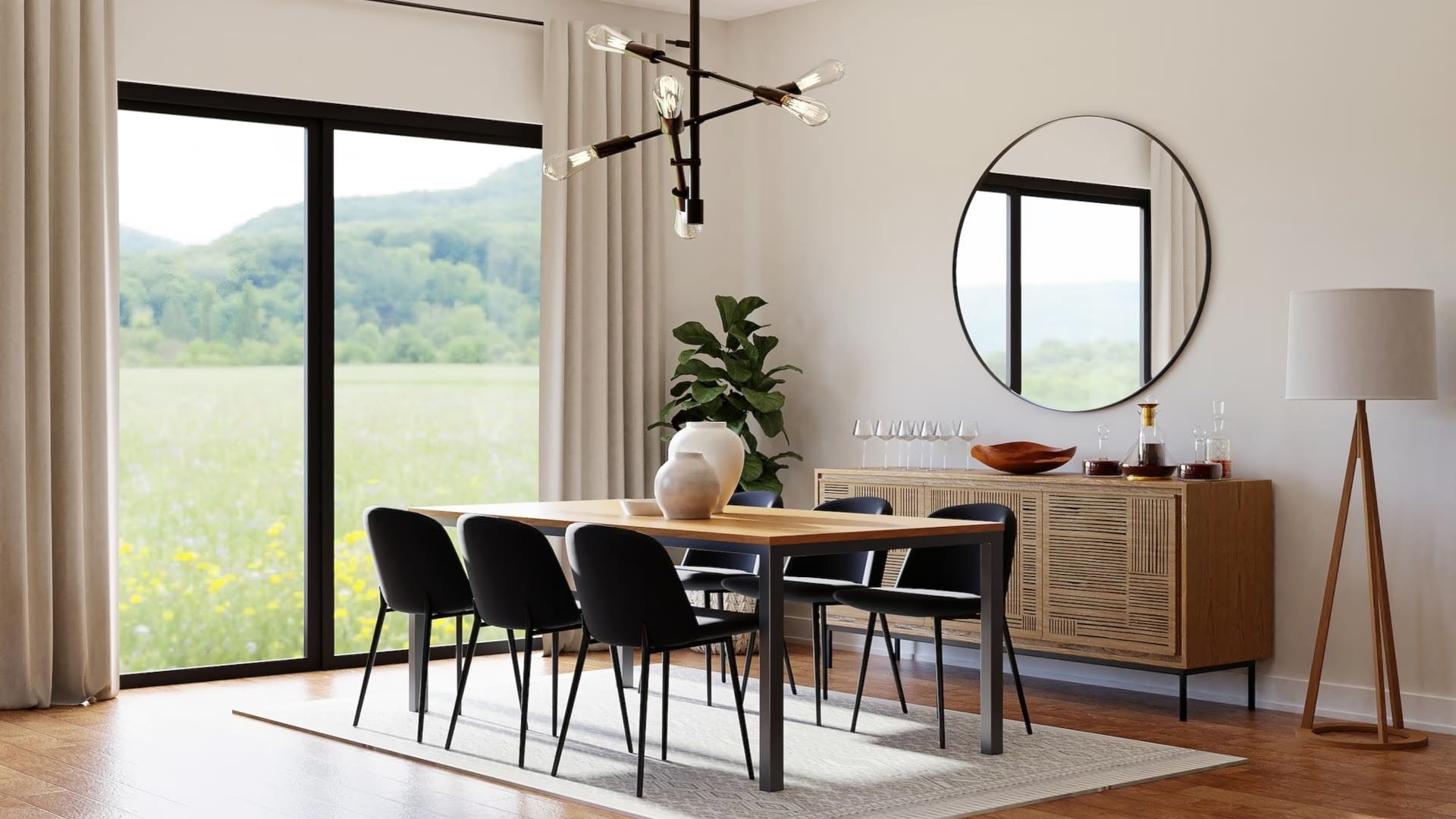 A dining room with a table and chairs