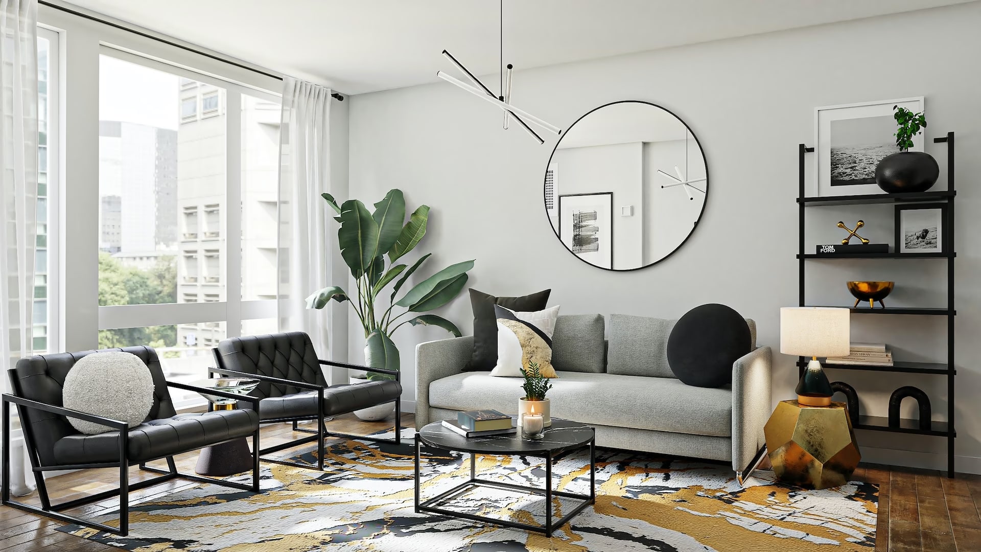 A living room with a yellow rug and black furniture
