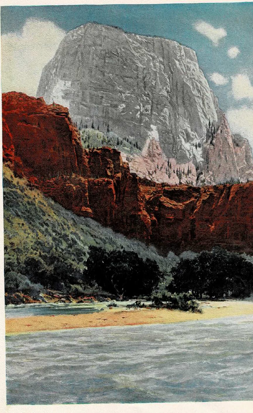 The Great White Throne from the historic Zion travel brochure