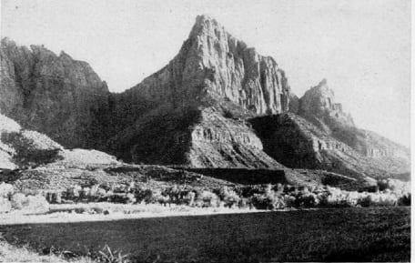 The Watchman in Zion Canyon illustrated in the historic Union Pacific travel brochure