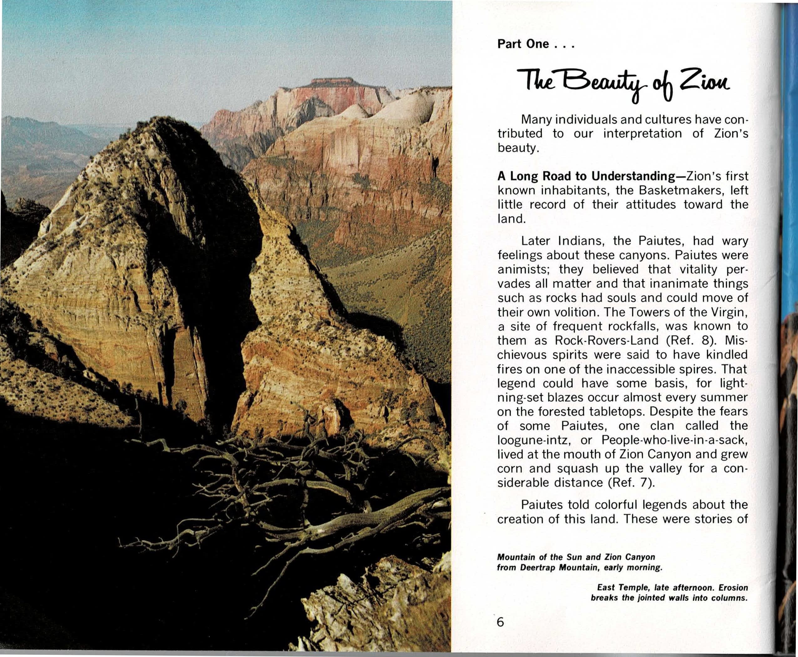 A two-page opening spread for Part One: at left, a color photograph looking down on Zion Canyon from Deertrap Mountain at sunrise, a sharp triangular peak called the Mountain of the Sun rising above layered red and white canyon walls fading into haze, with a bleached fallen tree in the foreground; at right, a text column opening with the hand-lettered title The Beauty of Zion beneath Part One, followed by the book's first paragraphs.