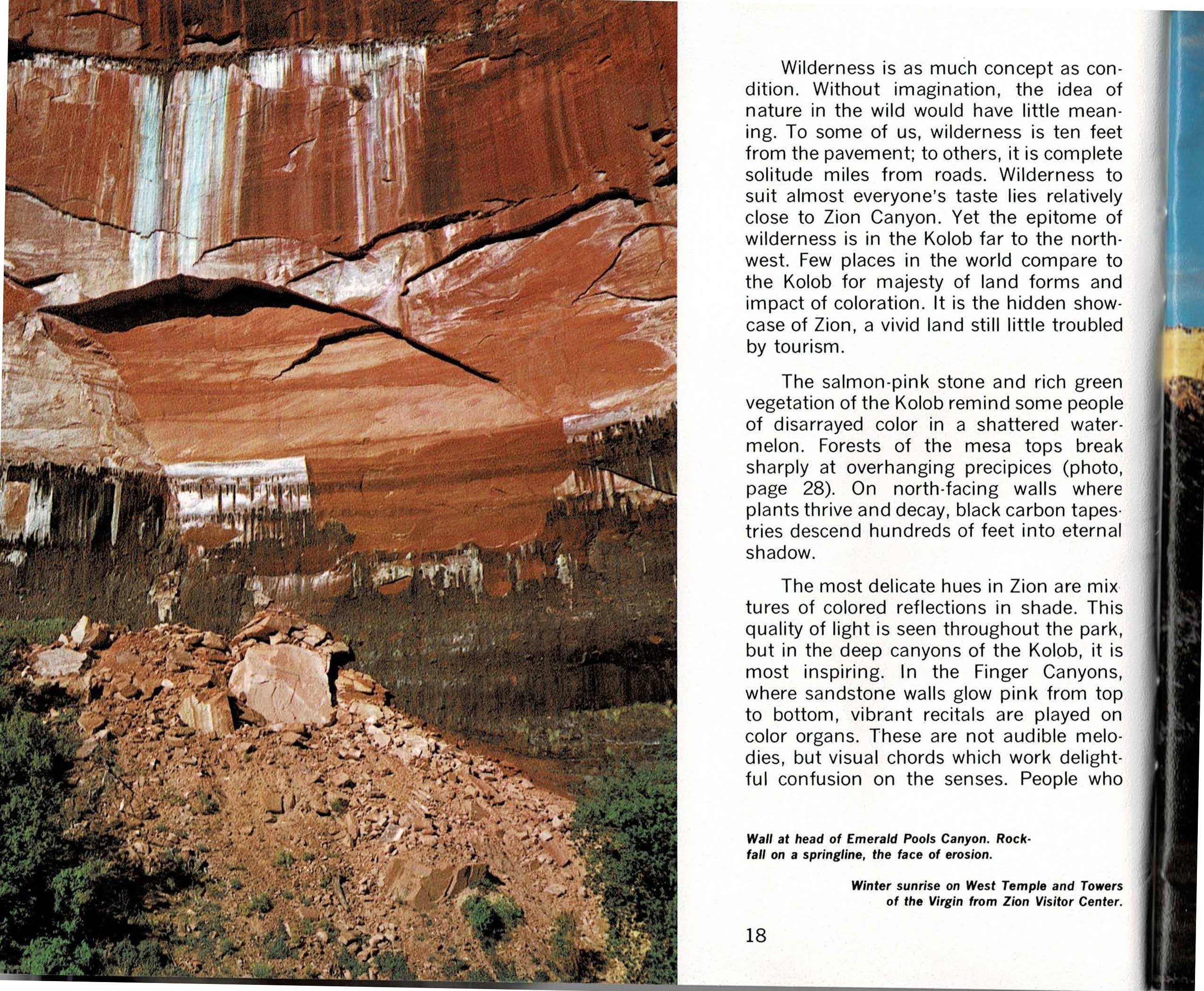 A three-panel spread: at left, a color photograph of a red sandstone wall streaked with mineral varnish above a boulder rockfall at the head of Emerald Pools Canyon; in the center, a text column arguing that wilderness is as much an idea as a place, and naming the Kolob as Zion's hidden showcase; at right, a full-bleed color photograph of a winter sunrise lighting the West Temple and the Towers of the Virgin gold against a pale blue sky, seen from the Zion Visitor Center.